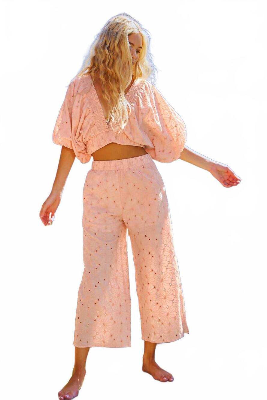 NEW BUCKETLIST peachy eyelet crop top and pants set in apricot